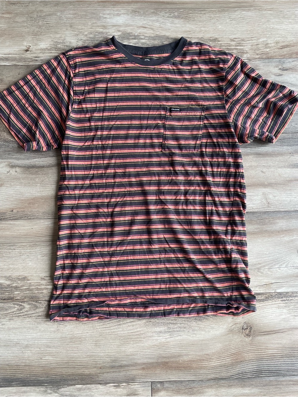 Volcom Men's Short Sleeve Striped Pocket Tee - Black & Red